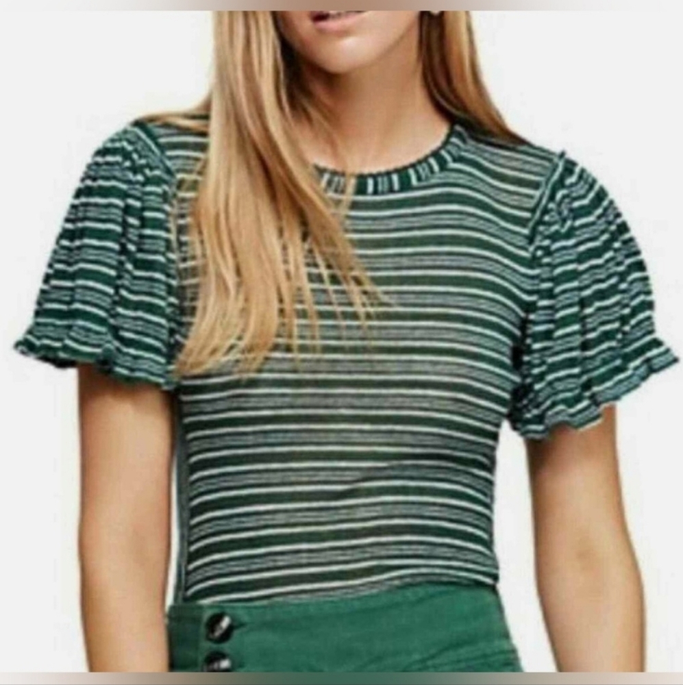 Free People Sea Mist Combo Green Striped Short Sleeve Sheer Stretch Tee NWOT